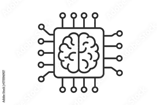 Artificial intelligence icon with brain and processor. Machine learning, deep learning symbol. Digital mind, data processing, neural network, and future tech vector logo.