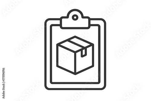 Order management and delivery logistics icon. Clipboard with a package for inventory checklist and shipping tasks. Simple thin line vector symbol for web and business.