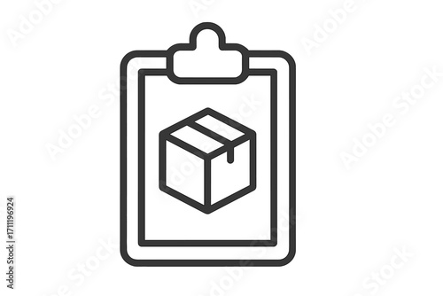 Clipboard with box icon for inventory management and order checklist. Package delivery, shipping logistics concept. Vector outline symbol for warehouse stock control, cargo list.