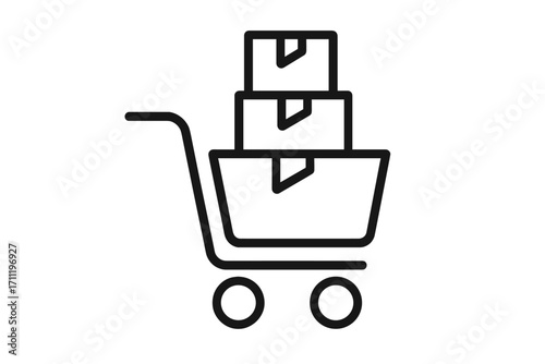 Shopping cart with boxes outline icon for online shopping and e-commerce. Vector logo for purchase, order, and delivery service. Minimalist line art symbol for web and app.