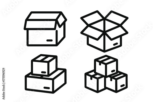 Cardboard box line icon set. Shipping package, delivery parcel symbol collection. Open, closed and stacked boxes for storage, moving, logistics. Vector outline illustration.