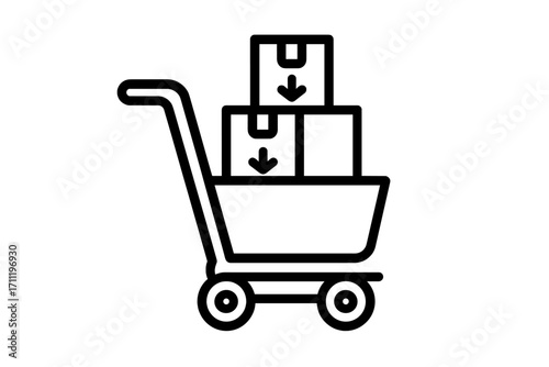 Shopping cart with packages outline icon. Concept for e-commerce, online order, and delivery service. Vector symbol for logistics, shipping, purchase, and distribution. Trolley.