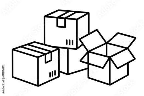 Cardboard boxes pile. Shipping, delivery and moving concept. Open and closed carton packages for storage and relocation. Vector line art illustration icon for web design.