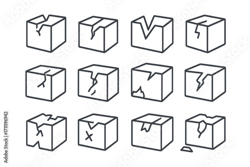 Broken box icon set. Damaged package, cracked cargo, and fragile delivery concept. Outline web line icons for shipping, logistics, and error messages. Vector pictograms.