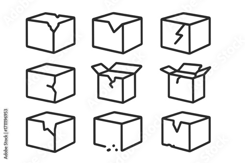 Broken box outline icon collection. Damaged package, fragile cargo, and shipping problems pictogram set. Minimalistic linear symbols for web, graphic design, and apps.
