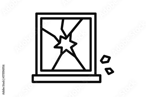 Broken glass window icon. Shattered pane with crack from impact. Metaphor for damage, vandalism, accident, emergency, destruction, failure, or security breach. Line art vector.