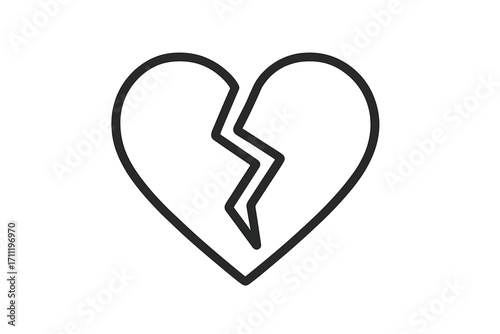 Broken heart icon, heartbreak symbol. Concept of divorce, lost love, breakup, sadness, and separation. Minimalistic linear pictogram for web design. Simple vector illustration.