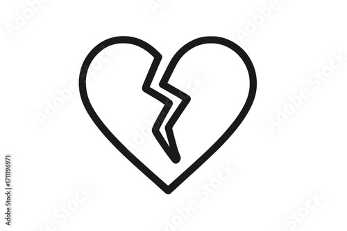 Broken heart icon. Minimalist line art symbol for heartbreak, sadness, lost love, and pain. Conceptual vector for divorce, separation, relationship problems, and grief. Unhappy.