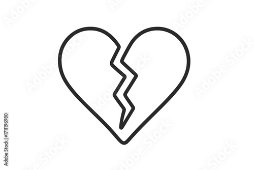 Broken heart icon symbol of heartbreak, divorce, and sadness. Love lost, relationship problems, and pain concept. Simple line art vector illustration for emotional design.