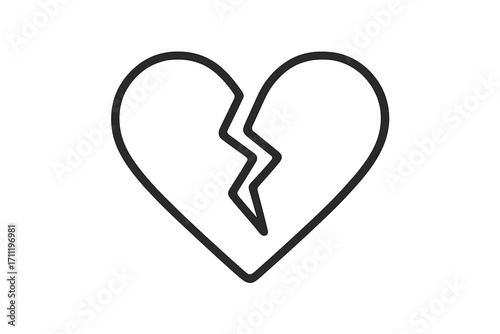 Broken heart icon symbol of heartbreak, divorce and breakup. Sadness, pain and grief concept. Love problem vector illustration. Minimal line art for web and graphic design.