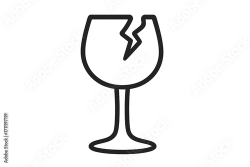 Broken wine glass line icon. Fragile warning symbol for delivery, shipping. Handle with care sign. Damaged glassware pictogram. Concept of accident, disappointment, end of a party.