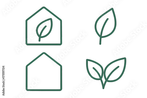 Eco house icon collection. Green home and leaf symbol set. Sustainable living and real estate concept. Vector line art for ecology, environment, nature, and property topics.