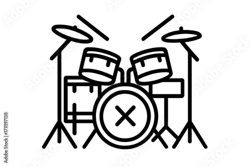 Drum kit icon, linear style vector. Musical instrument for rock or jazz band. Percussion set with bass drum, cymbals, and drumsticks. Music beat and rhythm concept illustration.