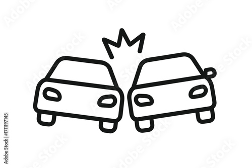 Car accident icon. Vector line art illustration of two cars crashing. Collision symbol for insurance claims, road safety, traffic incident, and emergency services. Damage.