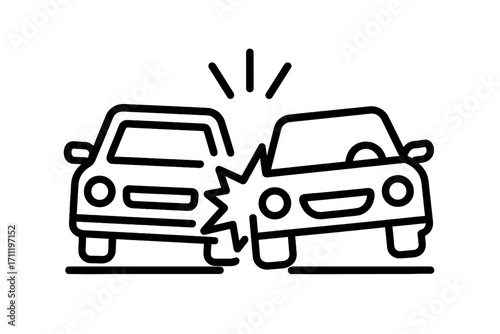 Car accident icon. Linear vector illustration of an auto crash and collision. Traffic incident pictogram for car damage, insurance claim, road safety, and emergency services.