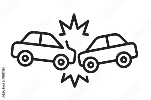 Car accident icon vector. Two cars crashing in traffic collision. Auto insurance claim concept. Emergency road safety symbol. Vehicle crash line art illustration design.