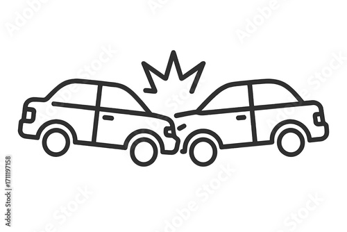 Car accident icon. Two cars crashing in a head-on collision. Vector illustration for traffic safety, auto insurance claims, vehicle damage, and emergency services. Line art.