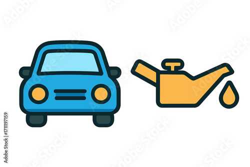 Car maintenance icon set. Automobile and engine oil can symbol. Vector cartoon illustration for oil change service. Motor lubricant and vehicle repair concept. Transport.