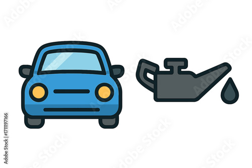 Car service icon set with automobile and motor oil symbol. Vector concept for vehicle maintenance, oil change, garage repair. Transport cartoon illustration. Isolated graphic.