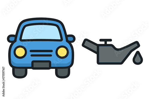 Car maintenance vector icon set with automobile and engine oil symbol. Concept for oil change service. Auto repair cartoon illustration. Isolated on white background.