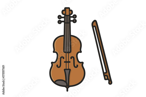 Cello and bow string musical instrument vector icon. Simple cartoon illustration for classical orchestra or symphony concert. Isolated flat graphic symbol for music design.
