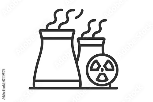 Nuclear power plant icon. Atomic energy industry. Cooling tower with radioactive hazard symbol. Electricity generation station. Linear vector graphic illustration with steam.