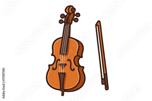 Cello and bow cartoon vector illustration. String musical instrument for orchestra or classical music concert. Acoustic violoncello graphic icon isolated on white background.