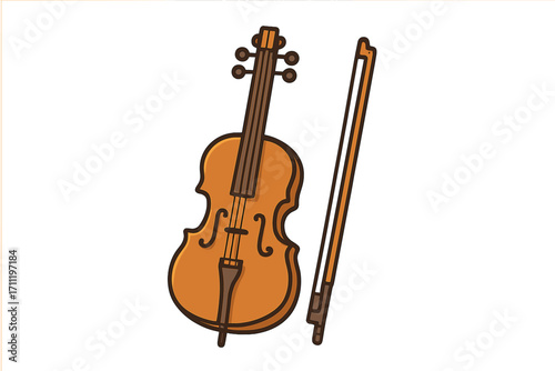 Cello with bow cartoon vector illustration. String musical instrument for classical orchestra concert. Music icon or symbol isolated on white background for graphic design.