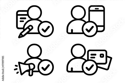 Account verification outline icons. Approved user profile, ID check, mobile authentication & registration confirmed. Vector checkmark sign set for security & business.