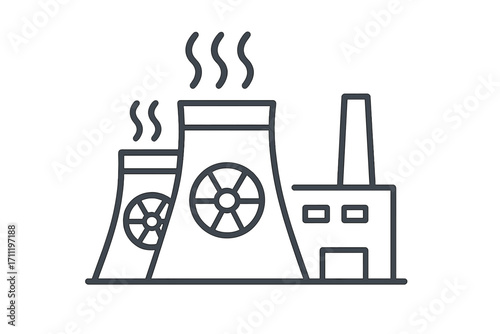 Nuclear power plant line icon. Atomic energy station. Industrial factory symbol. Cooling towers with radiation sign. Environment, pollution, technology concept vector illustration.