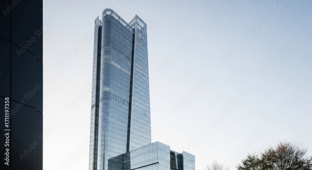 Obraz premium Modern Glass Skyscraper with Corporate Architecture and Ample Sky Copyspace