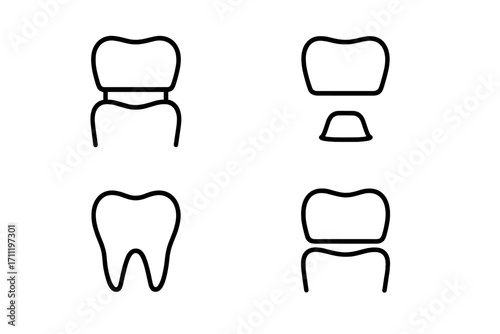 Dental crown line icon set for stomatology and dentistry. Tooth restoration, implant, and veneer concepts. Minimalist vector illustration for web design, apps, and banners.
