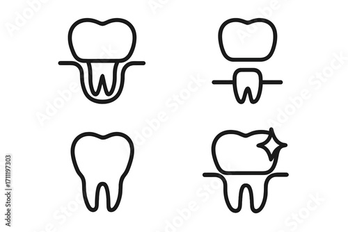 Dental crown icon set. Tooth implant, oral hygiene, and dentistry symbol collection. Minimalist line art for stomatology, dental care clinic logo, and medical web design.