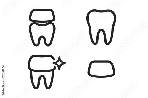 Dental crown tooth restoration line icon set. Dentistry, stomatology, and orthodontics concept. Minimal outline veneer or implant for a dental clinic logo or web design.
