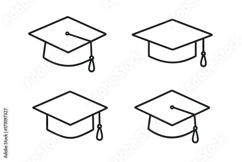 Graduation cap line icon set. Academic square cap outline vector collection. University mortarboard symbol for education, ceremony, degree. Simple student hat illustration.