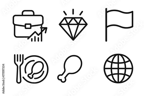 Set of 6 universal outline icons. Business growth, success, finance. Diamond for premium quality. Food and dining. Flag for goals. Globe for international concepts. Editable stroke vector.