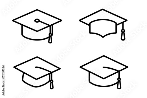 Academic cap vector icon set. Graduation mortarboard outline symbols. University education and college degree concept. Student achievement and learning pictogram for ceremony design.