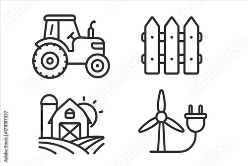 Agriculture line icon pack. Farming symbols collection. Tractor, barn, silo, field, fence, wind turbine power. Eco farm, sustainable energy. Vector graphic design element.