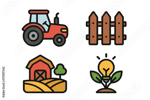 Agriculture and farming icon set. Vector collection of farm life symbols including tractor, barn, fence, and green energy idea. For web design, apps, and infographics.