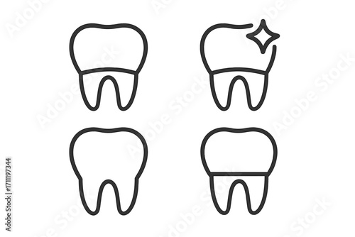 Dental icon set with tooth, crown, and whitening sparkle. Thin line art for dentistry, stomatology, and oral hygiene. Minimalist vector illustration for web, logo, and app.