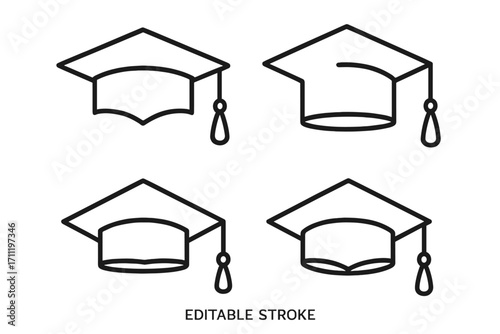 Graduation cap mortarboard line icon set. Academic university education symbol. Student degree ceremony simple outline vector collection. Editable stroke for web, app, book.
