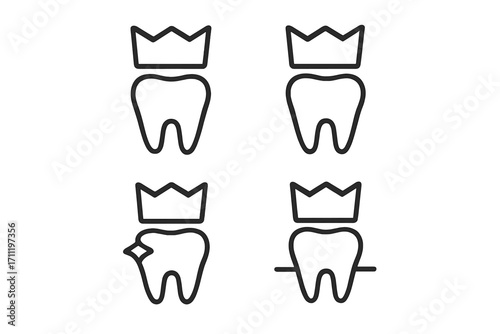 Dental crown icon set. Tooth restoration, implant, veneer concept. Dentistry, oral care symbol. Line art for dentist clinic. Healthy, damaged tooth. Stomatology vector pack.