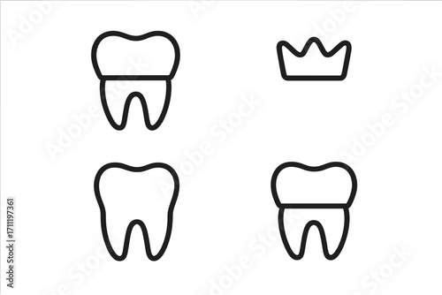 Dental crown icon set. Tooth restoration, implant, cap symbol. Dentistry, oral hygiene, dental care concept. Minimalistic thin outline vector for web, graphic design, app.