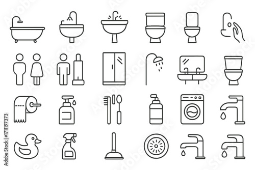 Bathroom and Toilet Thin Line Icon Set. Outline Signs for Web Design, Apps, Advertisements. Vector Bathroom Elements. Toilet, Bathtub, Sink, Shower, Faucet, Hygiene, Cleaning, Soap, Paper