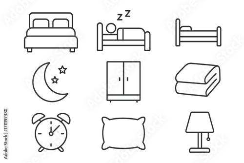 Bedroom and sleep thin line icon set. Collection of bed, pillow, lamp, and furniture symbols. Night rest, good sleep, and sweet dreams concept. Editable stroke vector.