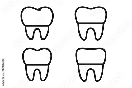Dental tooth icon set. Vector line art collection for graphic and web design. Simple minimalist symbol for dentist, stomatology clinic, health care app, or oral hygiene.
