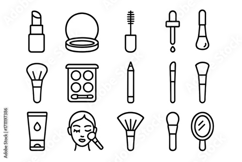 Beauty and cosmetics outline icon set. Makeup artist tools vector collection. Lipstick, mascara, powder, brush, eyeshadow, serum, mirror symbols for web and mobile apps.