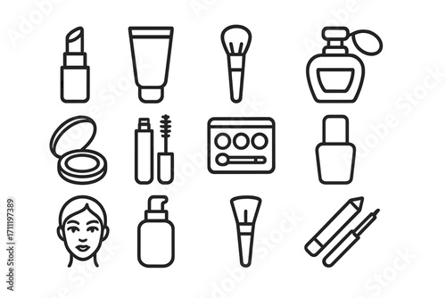 Beauty and cosmetics line icon set. Makeup, skincare vector symbols. Collection with lipstick, mascara, brush, powder, eyeshadow, perfume. Modern outline cosmetology design.