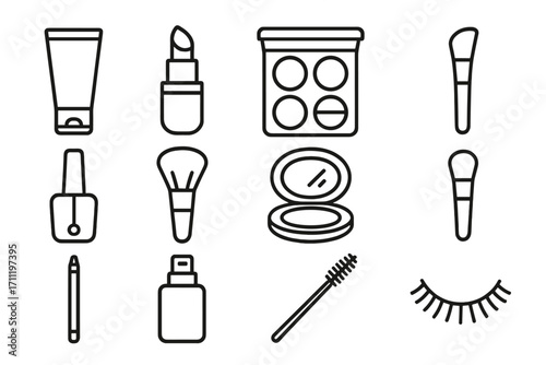 Cosmetic beauty line icon set. Makeup outline pictogram collection. Vector lipstick, mascara, brush, powder, eyeshadow, nail polish, lashes. Skincare symbols for app design.