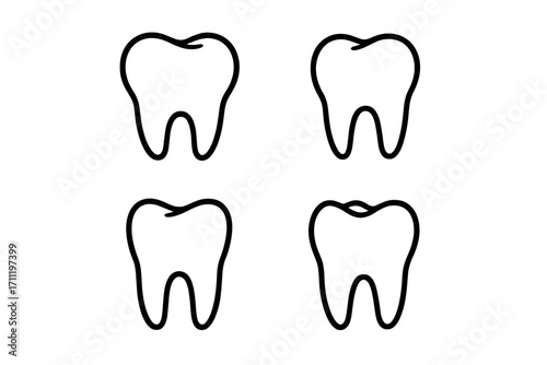 Tooth outline icon set for dental clinic. Vector line art of teeth. Dentistry, oral hygiene, health care concepts. Molar with caries, decay or filling. Dental treatment.